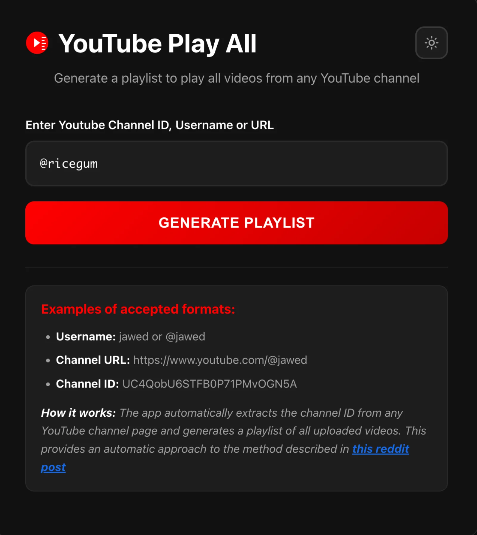 YouTube Play All dark mode interface